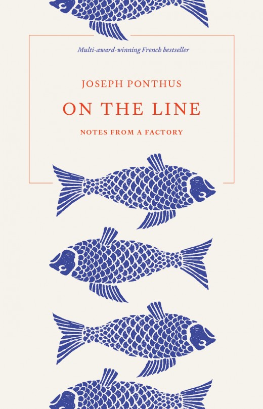 Red line bordering title behind five large blue upside down fish stamps